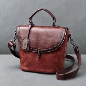 NEW Retro Boho Y2K Faux Leather Bucket Satchel Crossbody Shoulder Bag Purse Brn